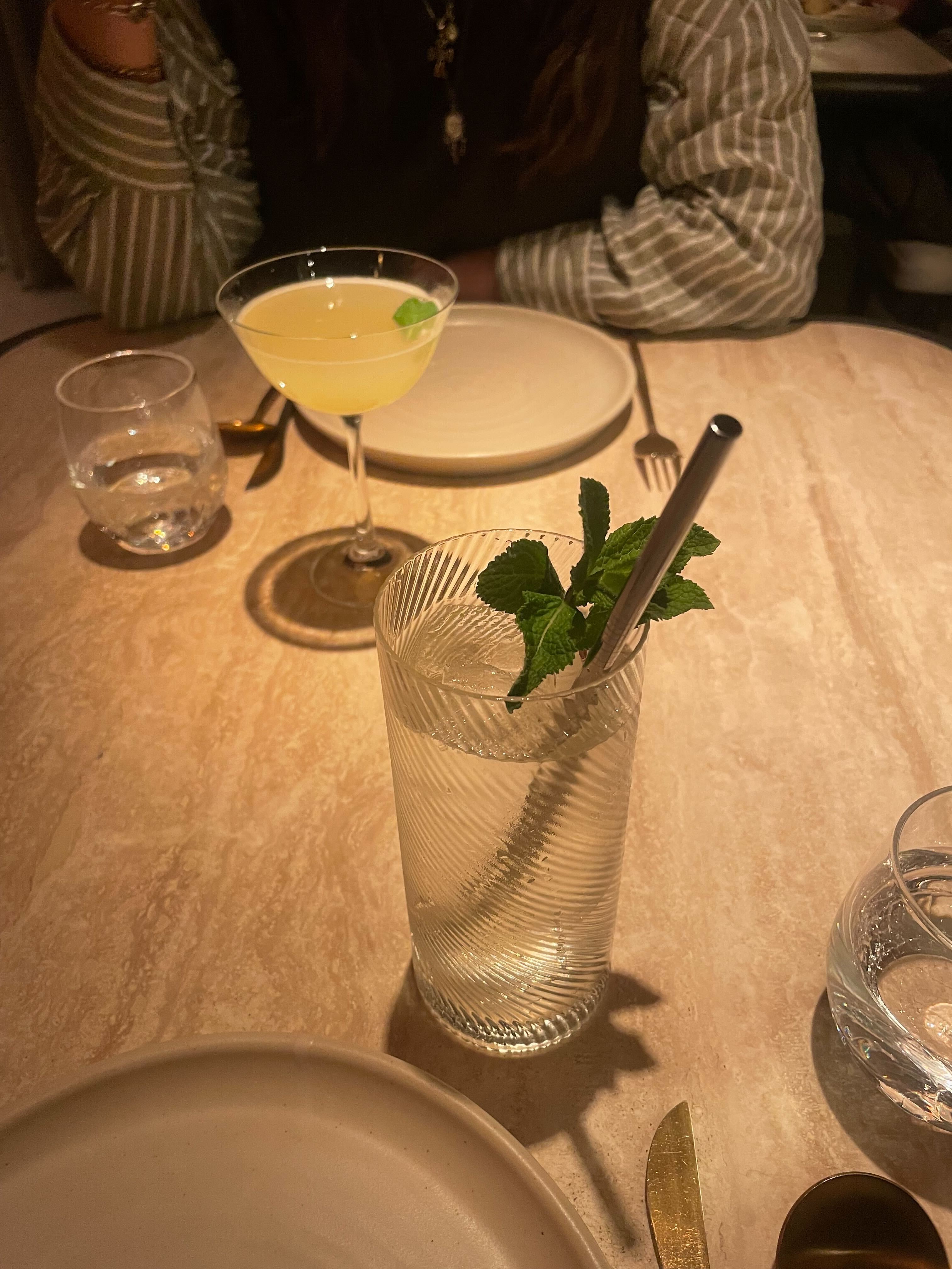 an image of the River Sticks cocktail with Tequila, bergamot, eucalyptus, prosecco, and soda