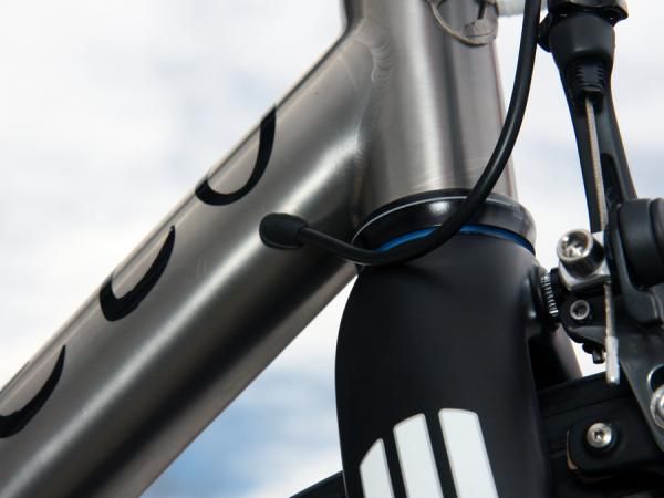 The Shimano Dura-Ace Di2 wire is fed into the down tube just behind the head tube.