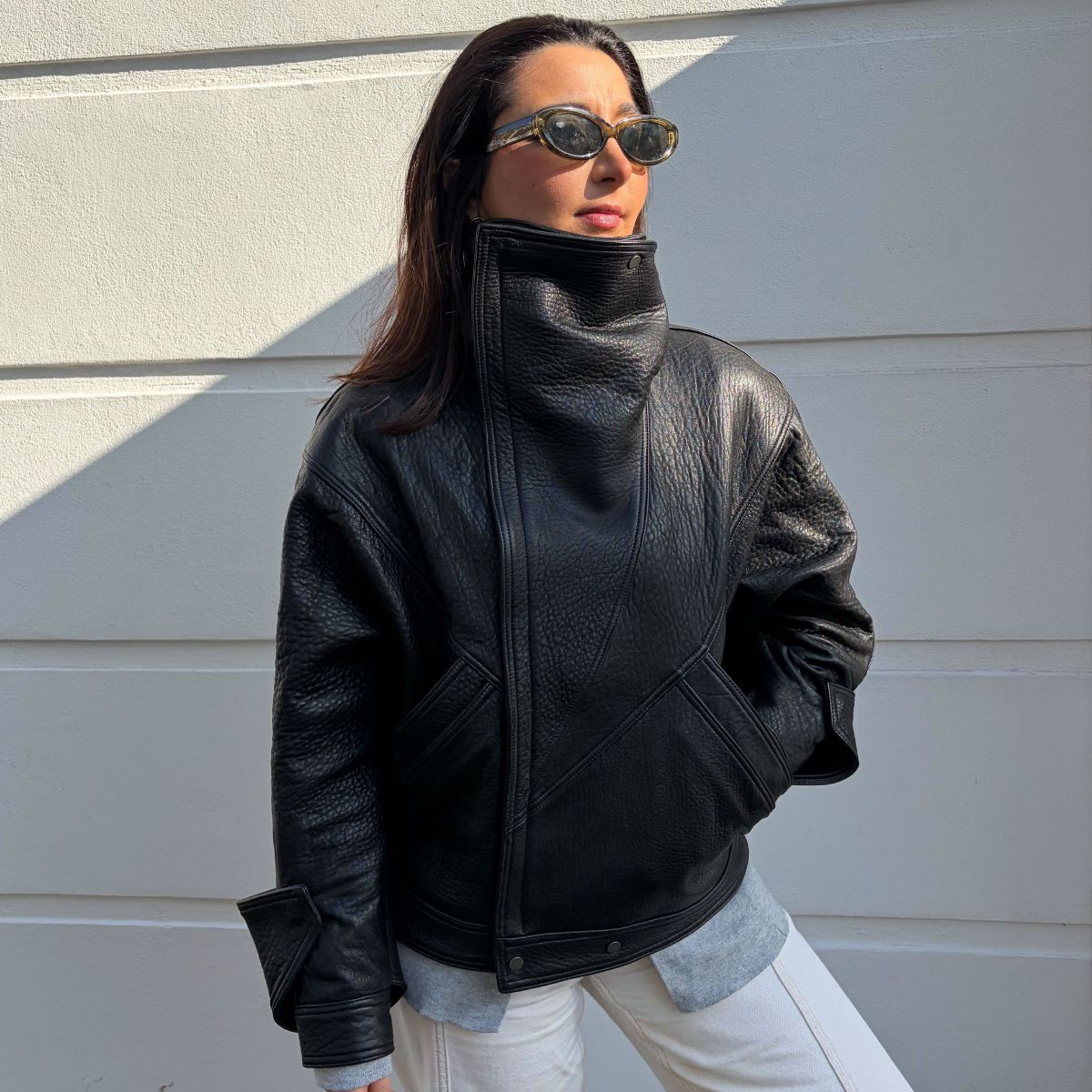 Marina wearing leather jacket