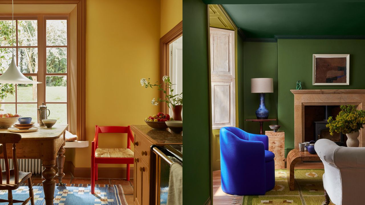 A picture of a yellow dining room next to a picture of a green and blue living room