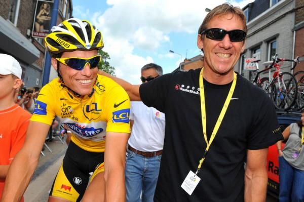 Sylvain Chavanel is also congratulated by Radioshack DS Dirk Demol.