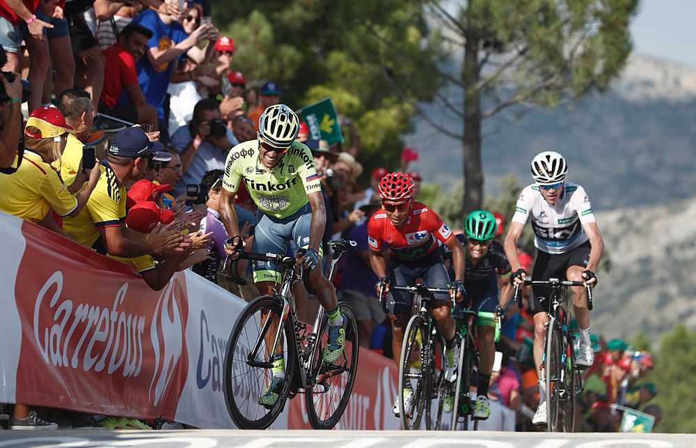Alberto Contador (Tinkoff) leads Nairo Quintana and Chris Froome over the finish line during stage 17