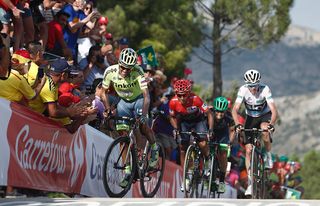 Alberto Contador (Tinkoff) leads Nairo Quintana and Chris Froome over the finish line during stage 17