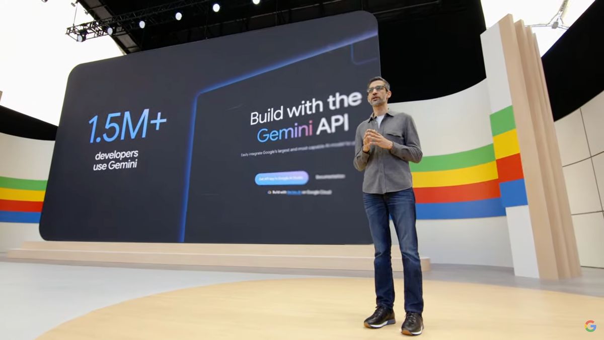 Sundar Pichai on stage at Google I/O 2024