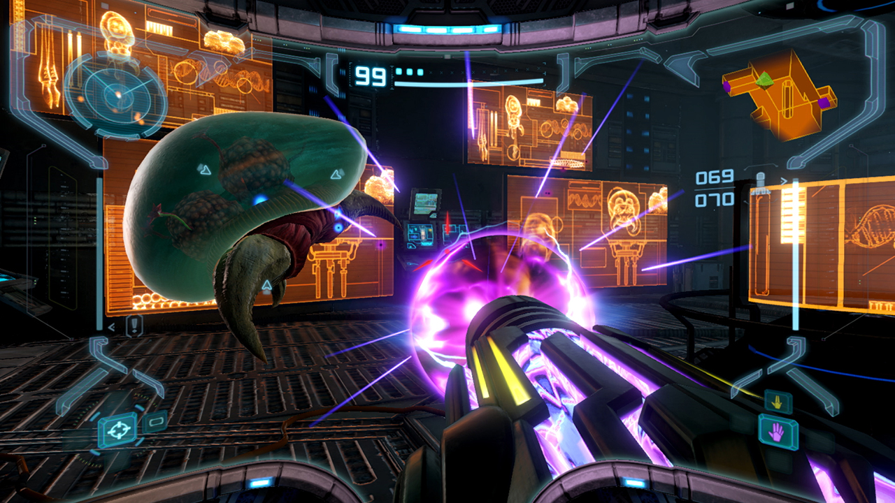 Still from the video game Metroid Prime Remastered. The character is holding a large gun, powering it up to fire at the floating alien blob in front of them.