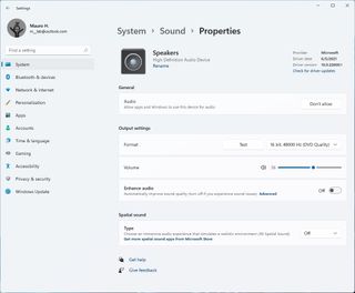 Speakers properties on Windows 11
