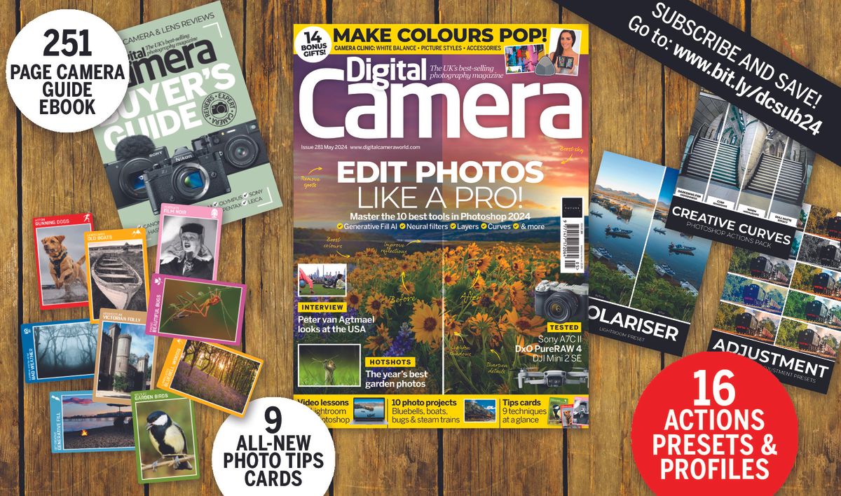 Photo montage of the 14 bonus gifts bundled with the May 2024 issue of Digital Camera