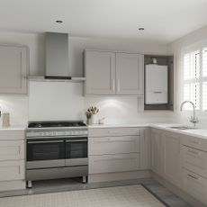 Grey kitchen with alpha boilers product in corner