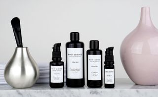 Bottles of Root Science skincare bottles on a marble shelf in between a silver pot and a pink pot