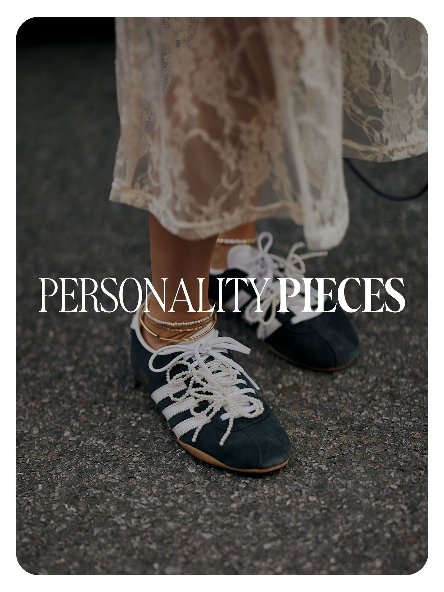 A close-up street style photo of a guest wearing a lace dress with Adidas sneakers embellished with pearl bows. Text reads, "Personality Pieces."