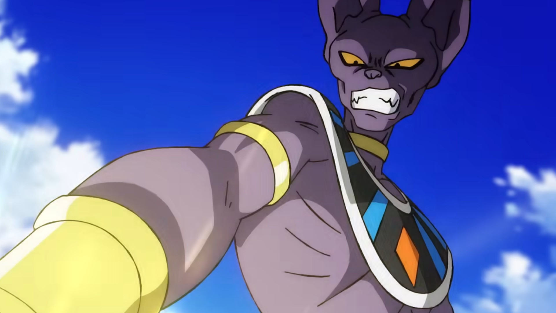 Beerus snarling while up in the air during the trailer for Dragon Ball Super: Beerus.