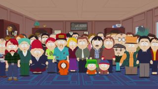 The citizens of South Park stand together in a law office in South Park S27 E1 - "The Sermon on the 'Mount."