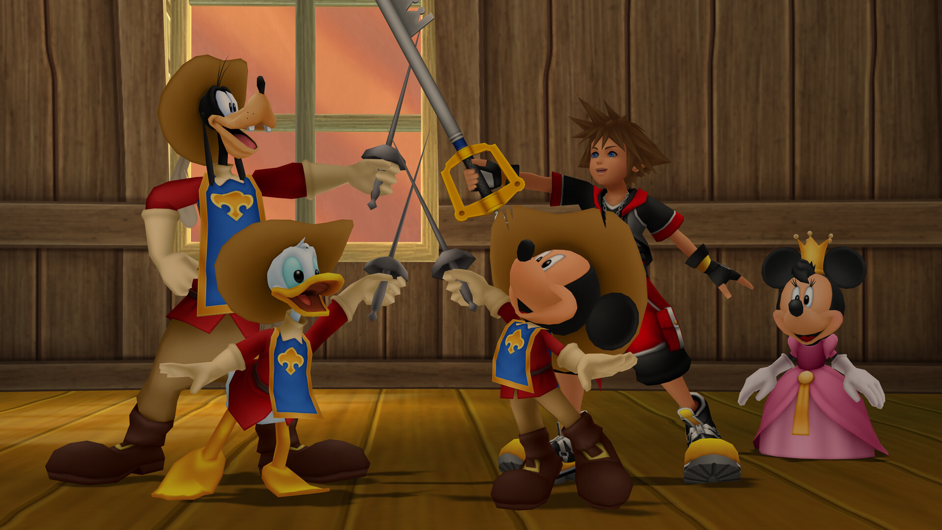 A screenshot from Kingdom Hearts showing Sora, Donald, Goofy and Mickey in three musketeers outfits with Minnie Mouse in the background