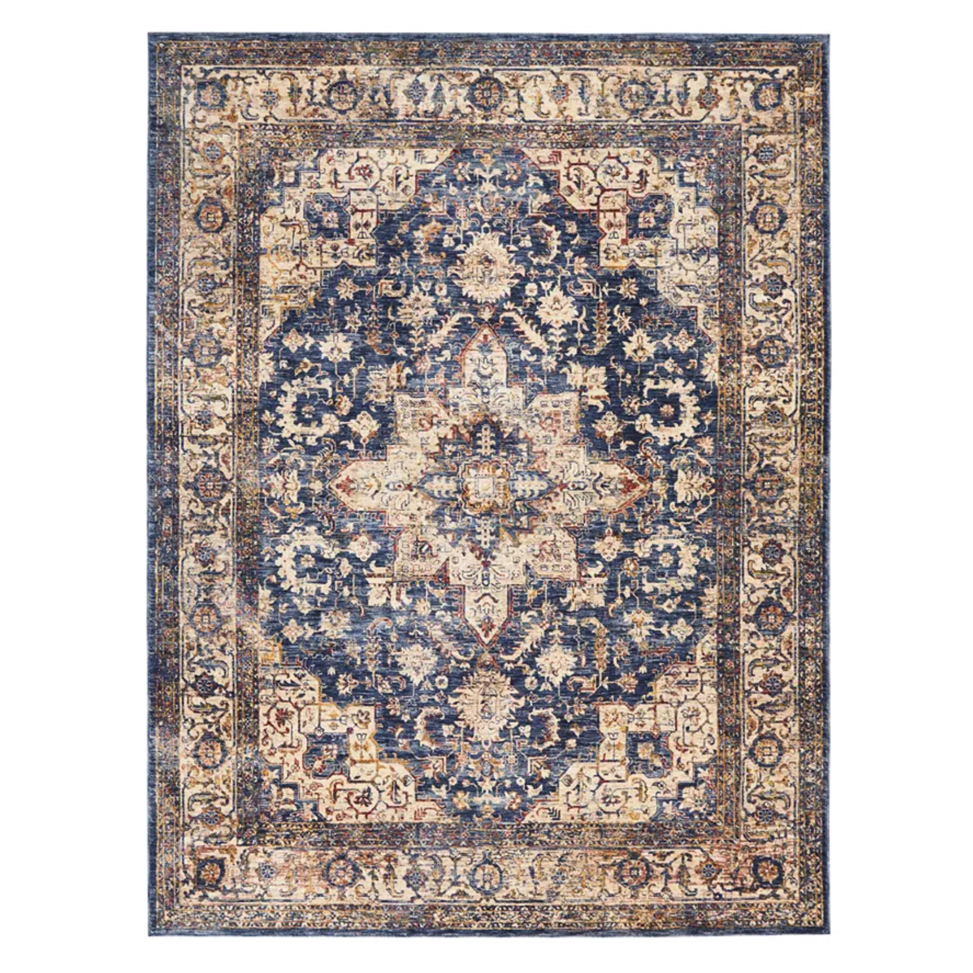 a Persian-inspired rug in blue and gold