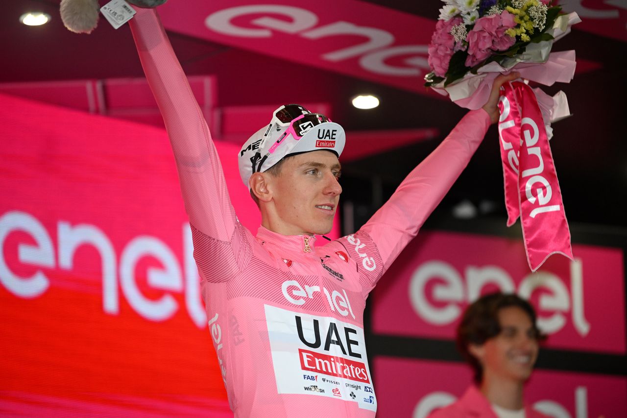 Tadej Pogačar on the Giro d&#039;Italia podium after stage 3