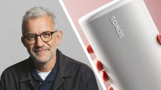 Sonos CEO Tom Conrad's headshot on the left, a close-up of the Sonos logo on a Sonos Play speaker on the right