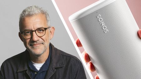 Sonos CEO Tom Conrad's headshot on the left, a close-up of the Sonos logo on a Sonos Play speaker on the right