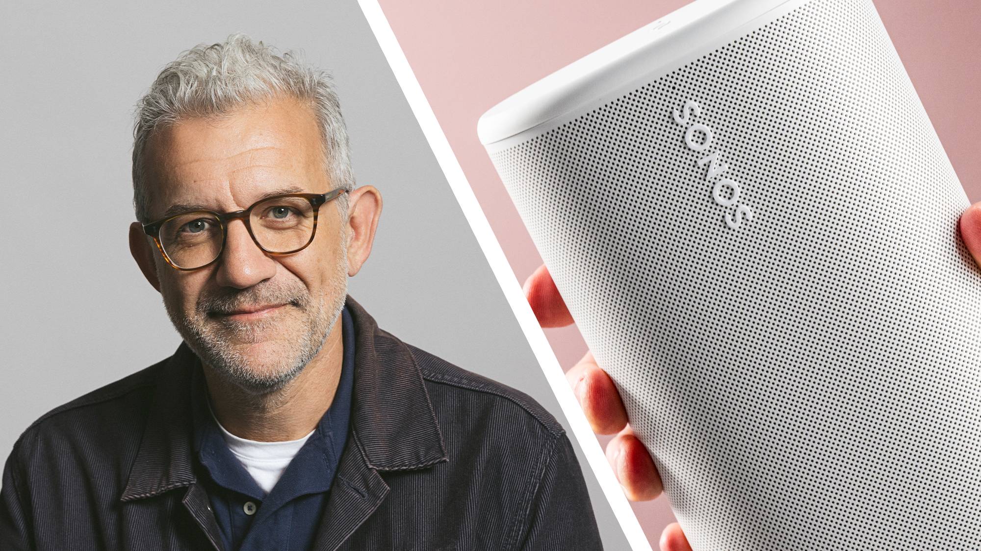 Sonos CEO Tom Conrad's headshot on the left, a close-up of the Sonos logo on a Sonos Play speaker on the right
