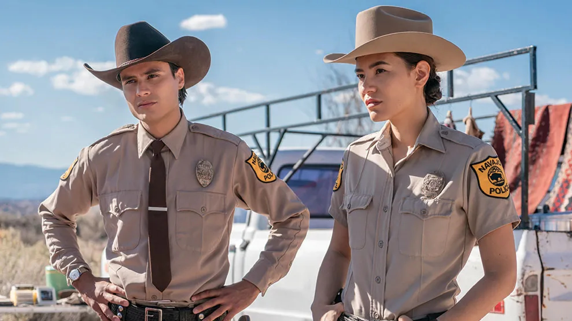 Kiowa Gordon as Detective Jim Chee and Jessica Matten as Sergeant Bernadette Manuelito in 