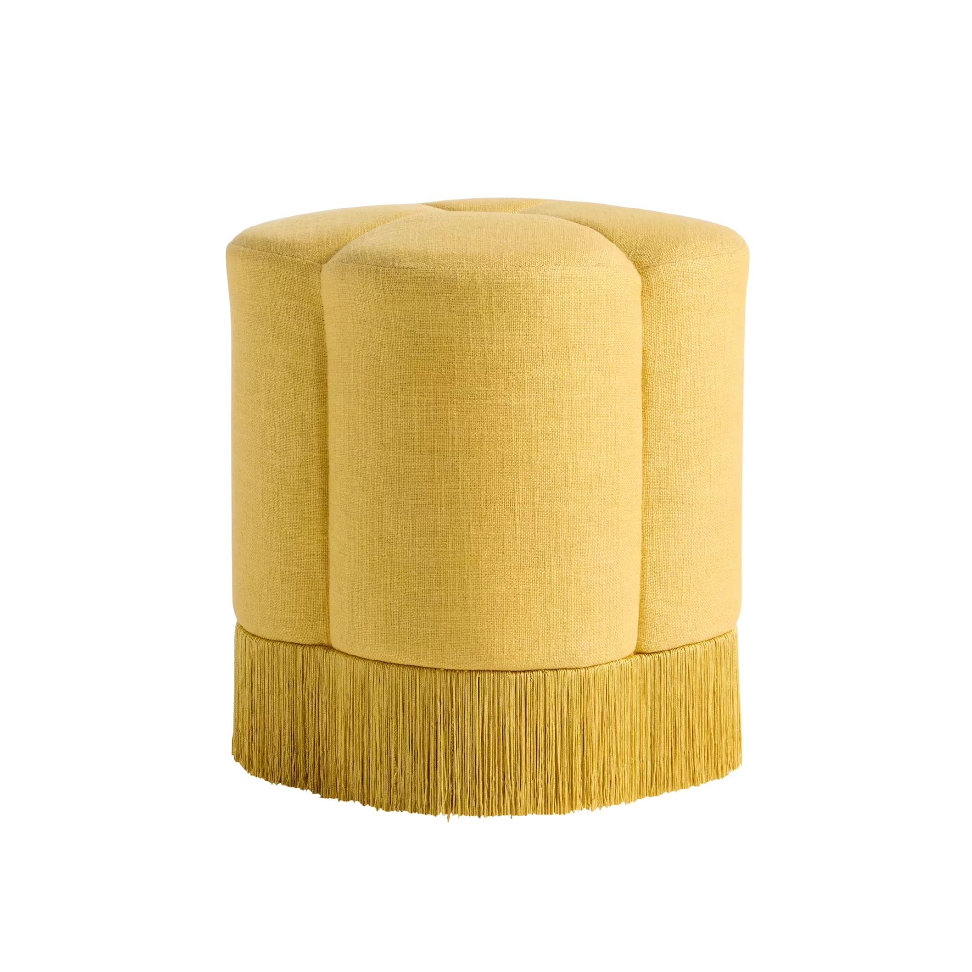 yellow ottoman with fringe details