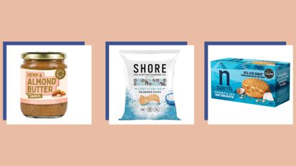 A collection of what to snack on when dieting, including products from Gaia Farming, Shore, and Nairns