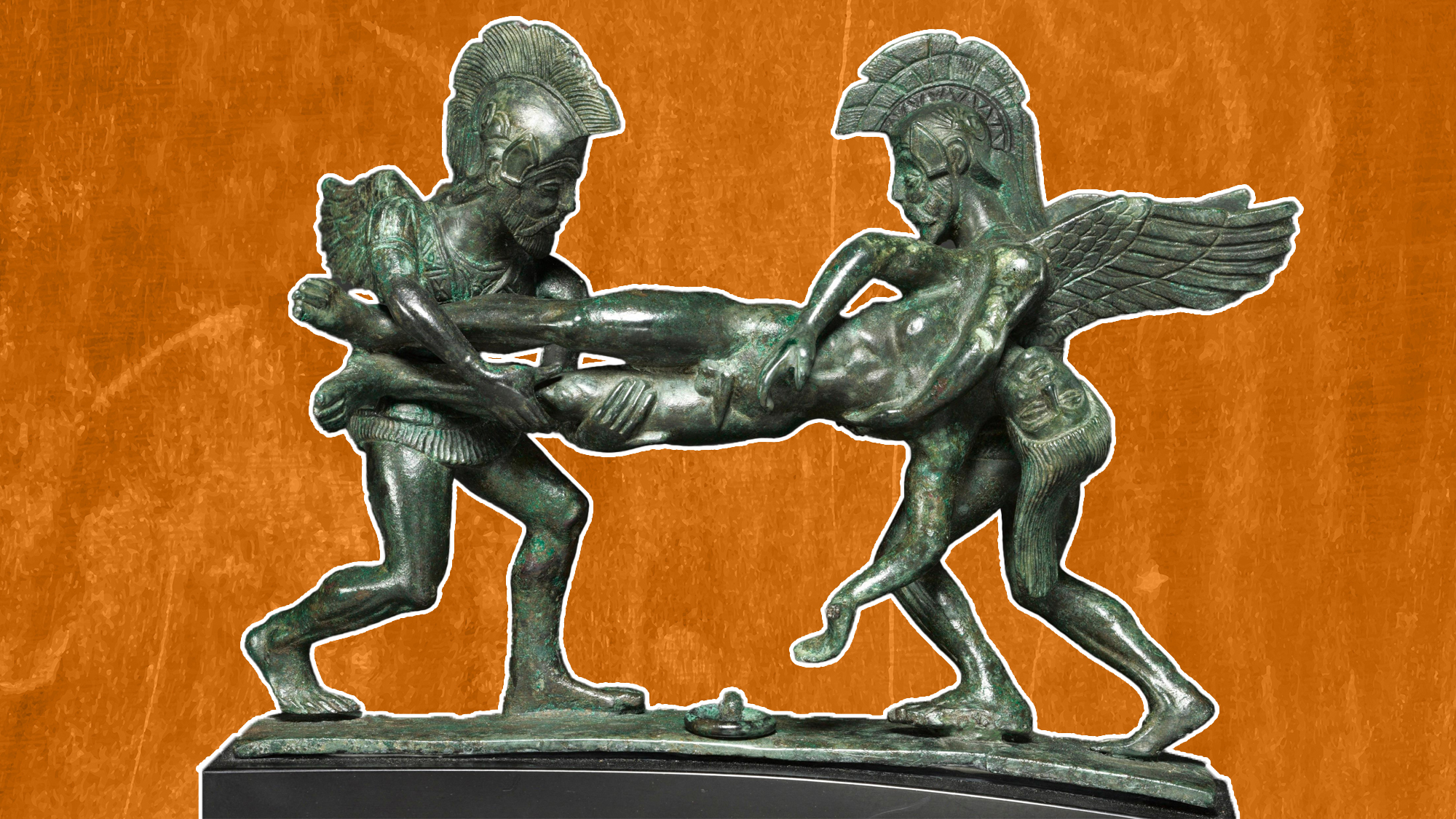 two helmeted bronze figures hold a horizontal corpse between them
