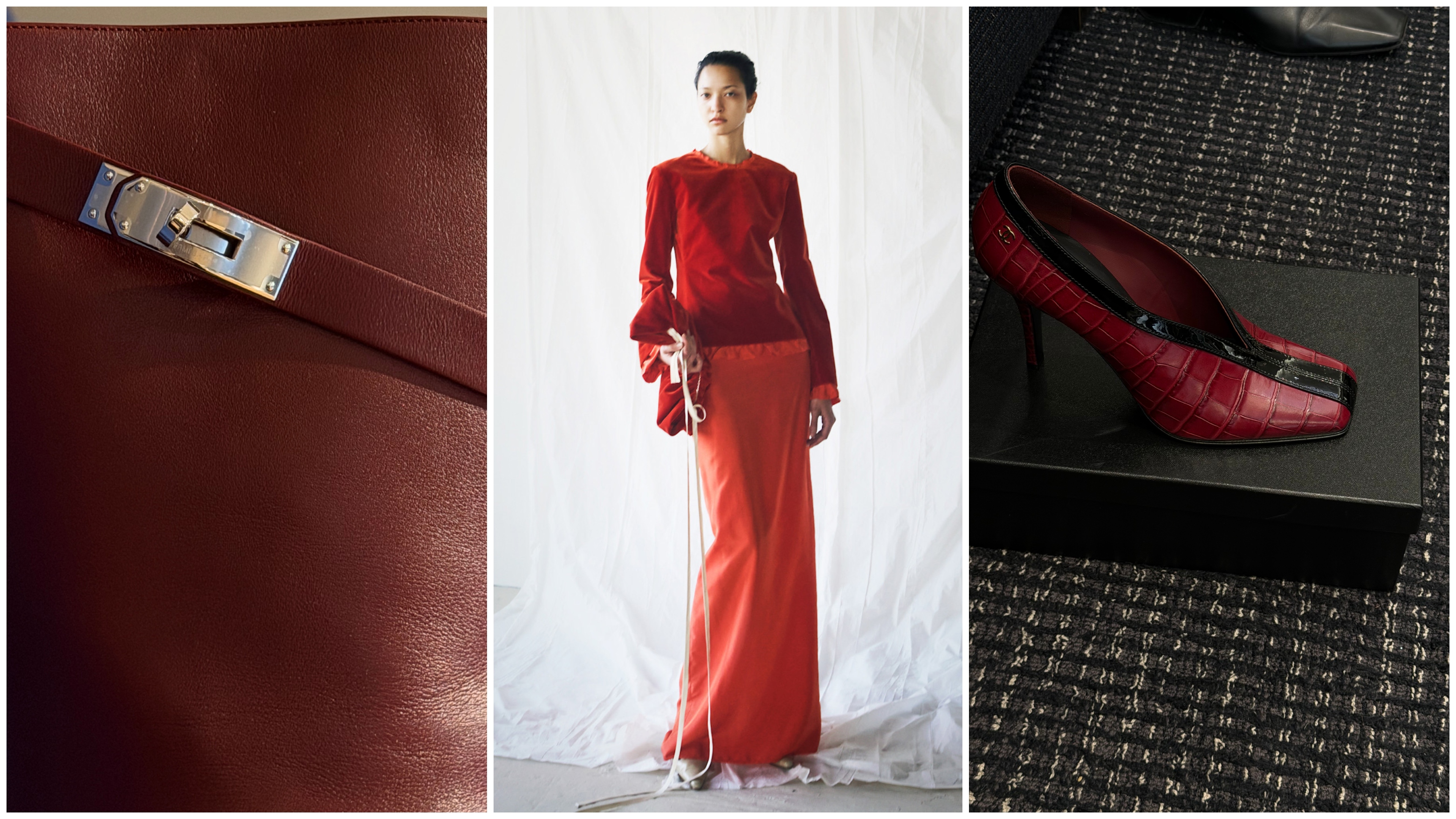 collage of red bag, colleen allen spring 2026 look, and chanel red shoes 