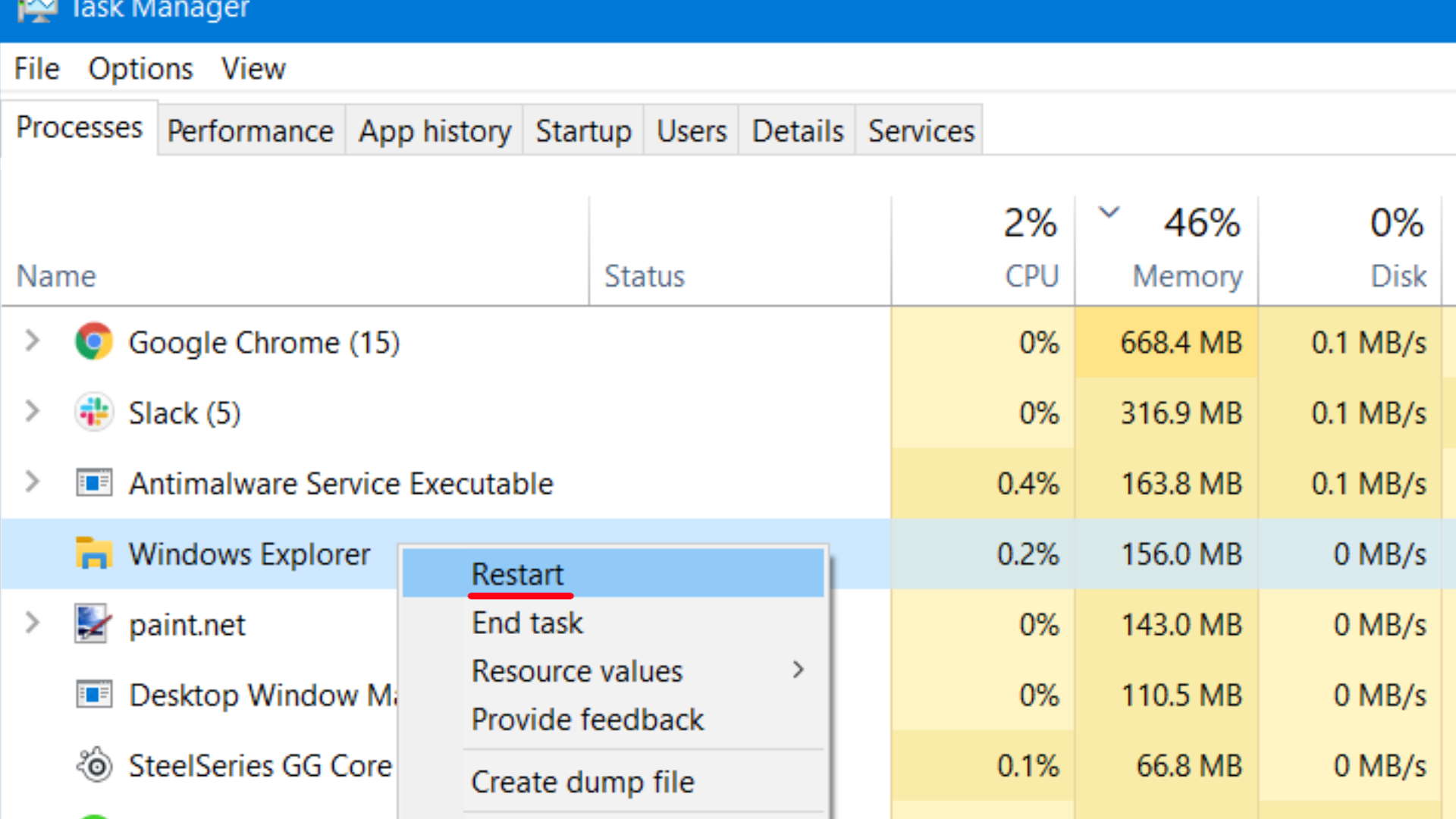 Restarting file explorer process from task manager screenshot