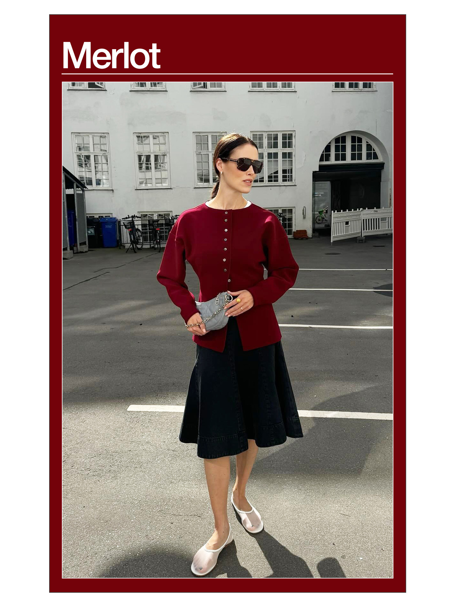 Annabel Rosendahl wearing a merlot cardigan