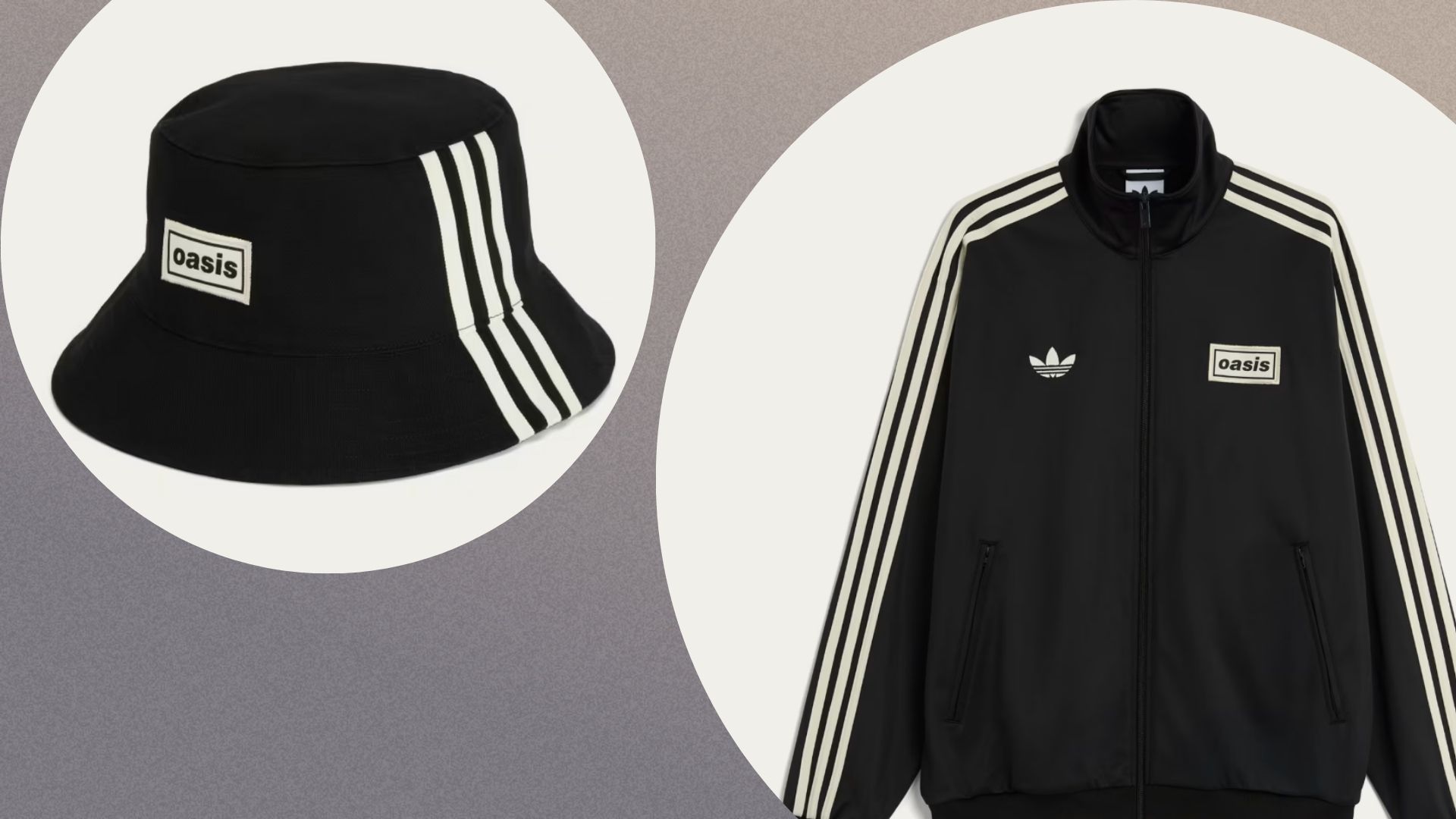 and image of the oasis x adidas collection. On the left is the bucket hat in navy, and on the right is the track jacket