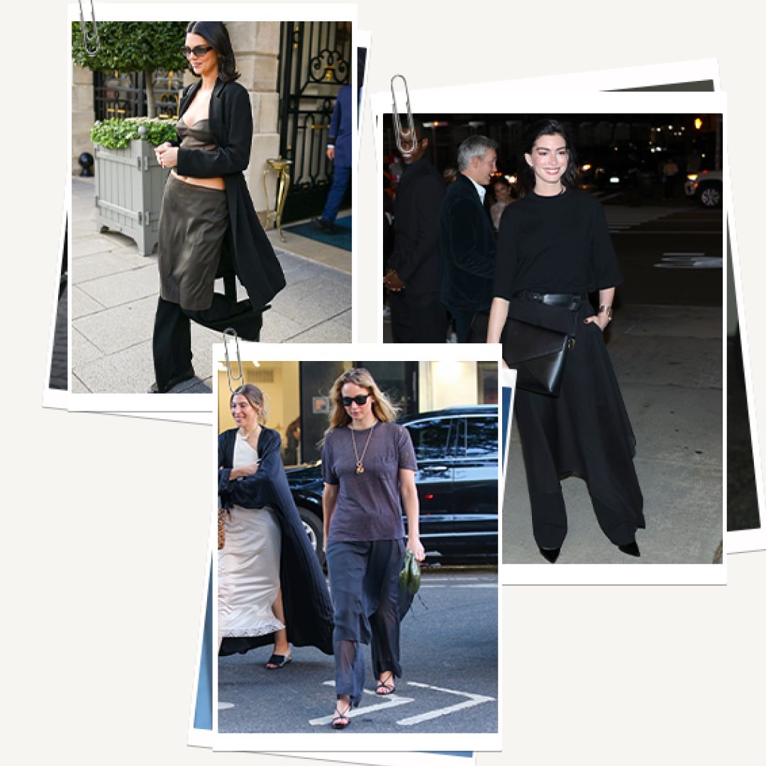 celebrities wearing skirts over pants at fashion week