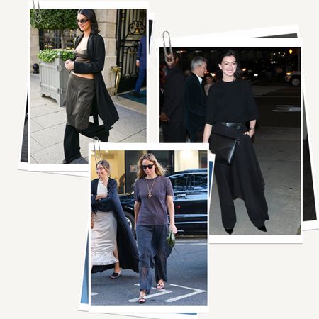 celebrities wearing skirts over pants at fashion week
