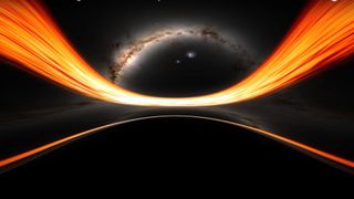 An artist's rending of the moment before falling into a black hole. You can see a starry galaxy and strips of bright light bending to the gravity of the black hole.