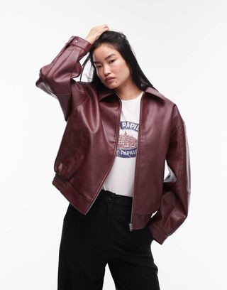 Topshop Grain Faux Leather Oversized Bomber Jacket in Burgundy