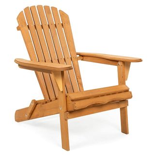 A wooden Adirondack chair