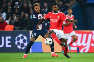 Paris Saint-Germain's Brazilian forward Neymar (L) fights for the ball with Benfica's Portuguese midfielder Florentino Luis during the UEFA Champions League group H football match between Paris Saint-Germain (PSG) and SL Benfica, at The Parc des Princes Stadium, on October 11, 2022.