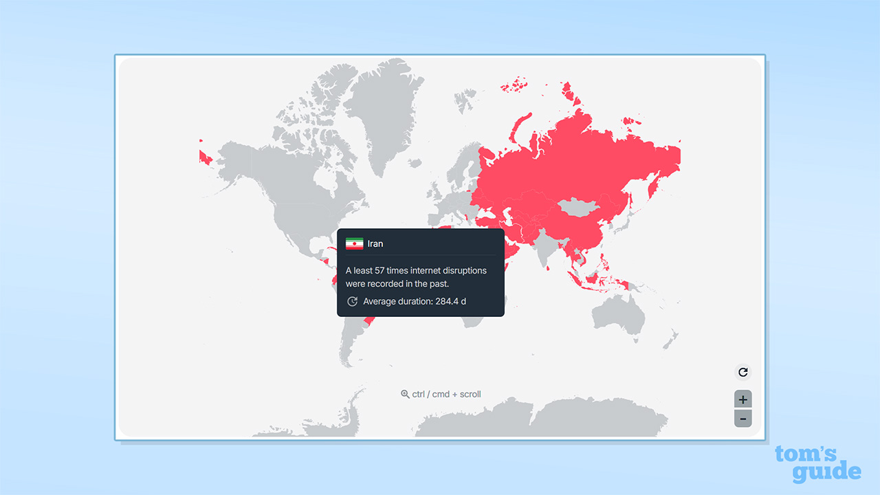 Screenshot of world map with Iran (and other countries with internet restrictions) highlighted red. A text box shows an Iranian flag and details internet shutdowns in Iran