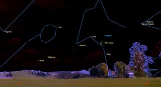 A dimmed landscape sits below a dark night sky filled with faint stars, some connected by blue lines to indicate the shapes of constellations, their stars labeled.. Other points are labeled, "mars," "neptune," "saturn," and the crescent moon is also labeled.