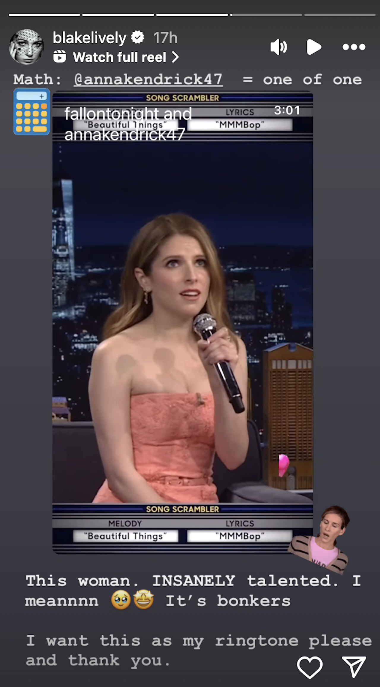 blake lively's instagram stories post praising anna kendrick's appearance on the tonight show in april 2025