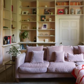 pink velvet sofa in front of white door and display shelves
