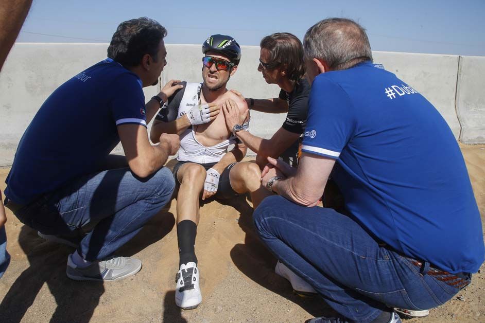 Bernhard Eisel crashed out with a fractured collarbone