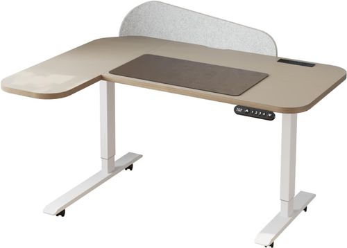 L-shaped 59-inch standing desk with power strip and privacy screen