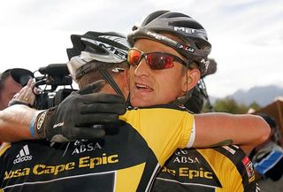 Roel Paulissen & Jakob Fuglsang of Cannondale Vredenstein at the 2008 Cape Epic MTB stage race