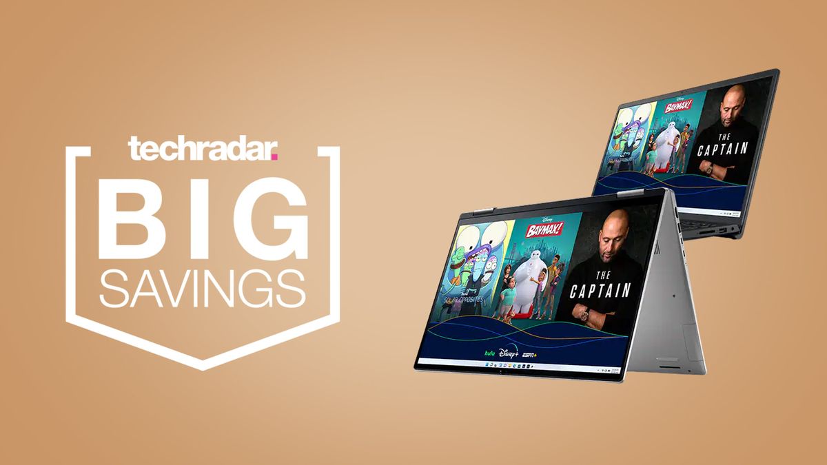 Dell laptops on a cream background next to techradar deals big savings badge