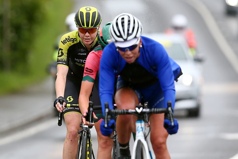 OVO Energy Women's Tour stage 4 breakaway: Sarah Roy of Australia and Team Mitchelton - SCOTT / Charlotte Becker of Germany and Team FDJ Nouvelle Aquitaine - Futuroscope / Femke Markus of The Netherlands and Team Parkhotel Valkenburg