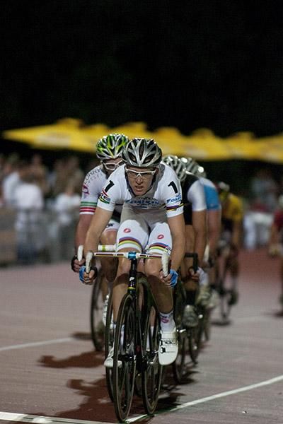 Cameron Meyer drives the bunch as he and partner Leigh Howard look at taking another lap.