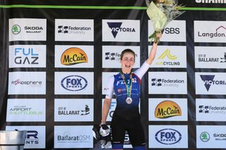 BUNINYONG AUSTRALIA JANUARY 16 LR Grace Brown of Australia on second place poses on the podium ceremony after the Australian Cycling National Championships 2022 Womens U23 and Elite Road Race a 1044km race from Buninyong to Buninyong AusCyclingAus on January 16 2022 in Buninyong Australia Photo by Con ChronisGetty Images