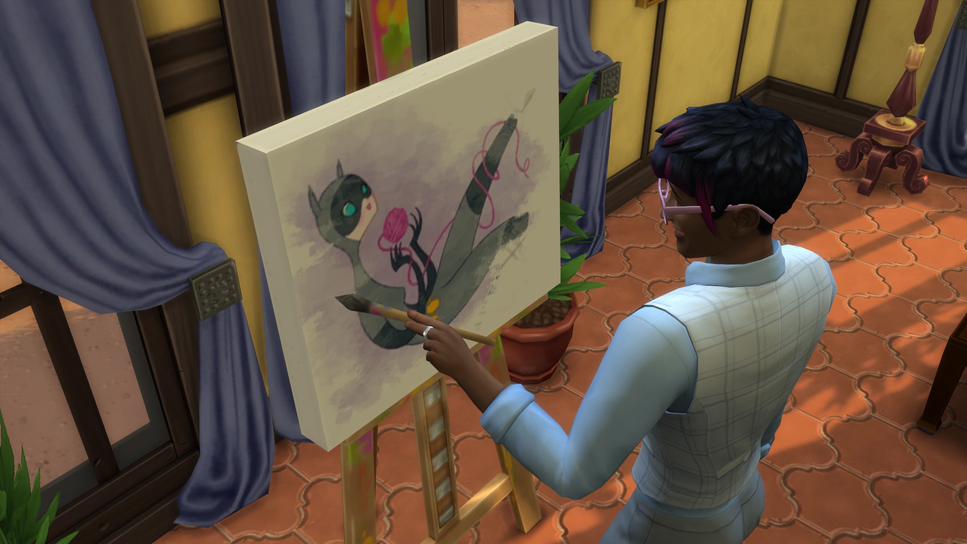 The Sims 4 mod - Replacement paintings: A sim paints an image of Catwoman playing with a ball of yarn