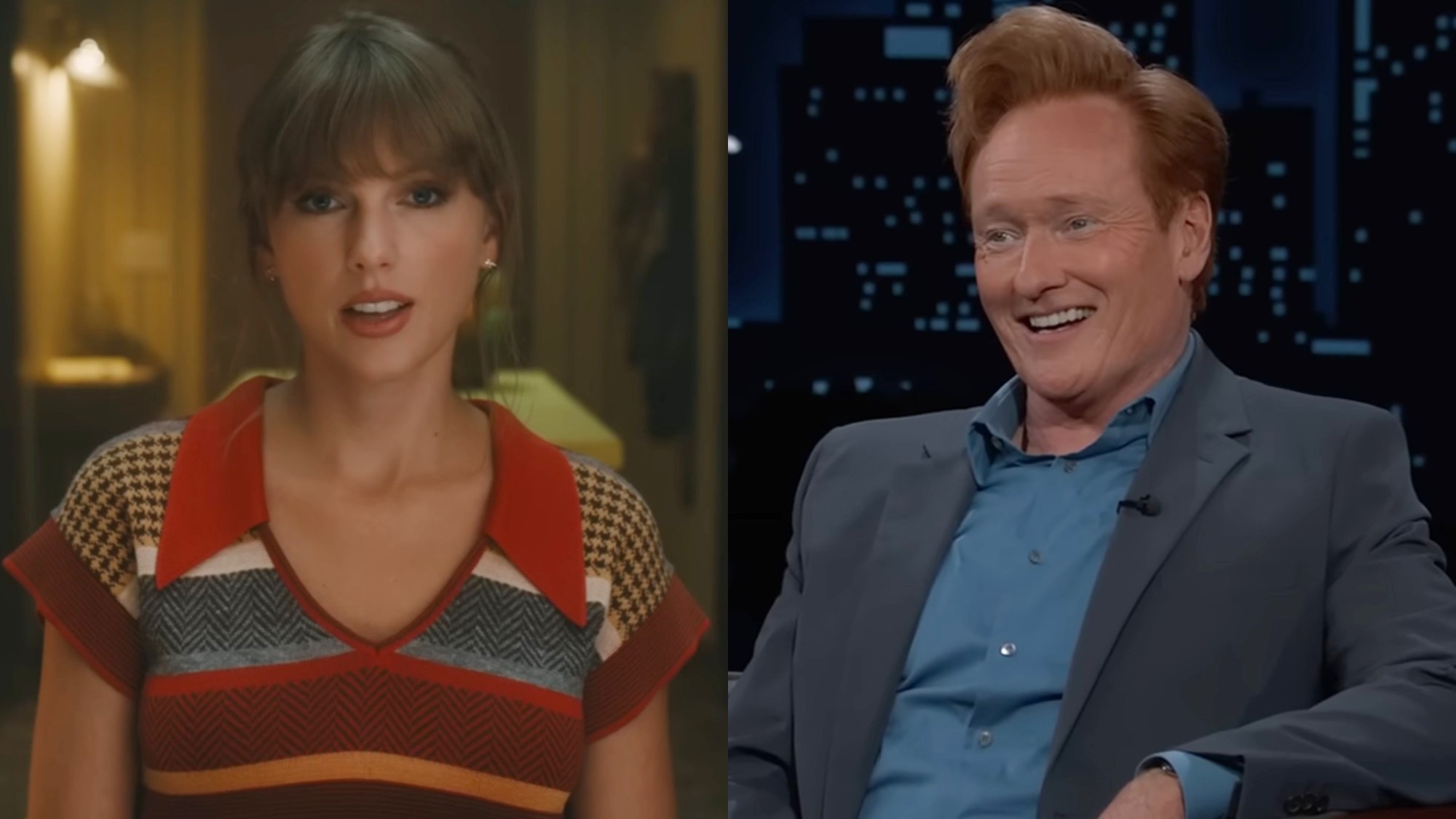 From left to right: Taylor Swift in the Anti-Hero music video and Conan O'Brien on Jimmy Kimmel Live. 