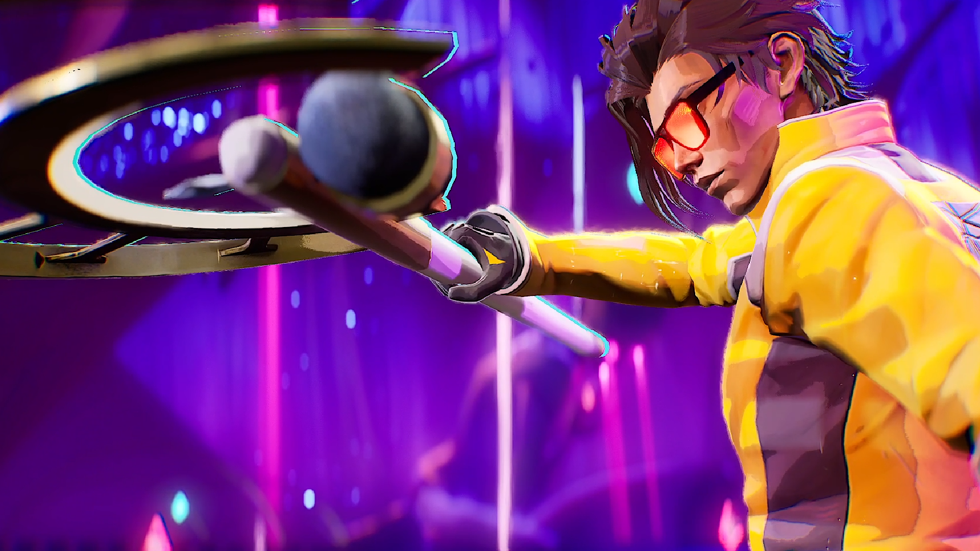 Charlie Disco, from Dead is Disco, poses heroically after catching the staff of his foe.